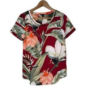 Ann Taylor Floral Burgundy Short Sleeve Top XS